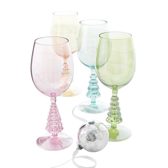 Neiman Marcus Multicolor Christmas Tree Wine Glass Set of 4 in Holiday Gift Box - Picture 1 of 9